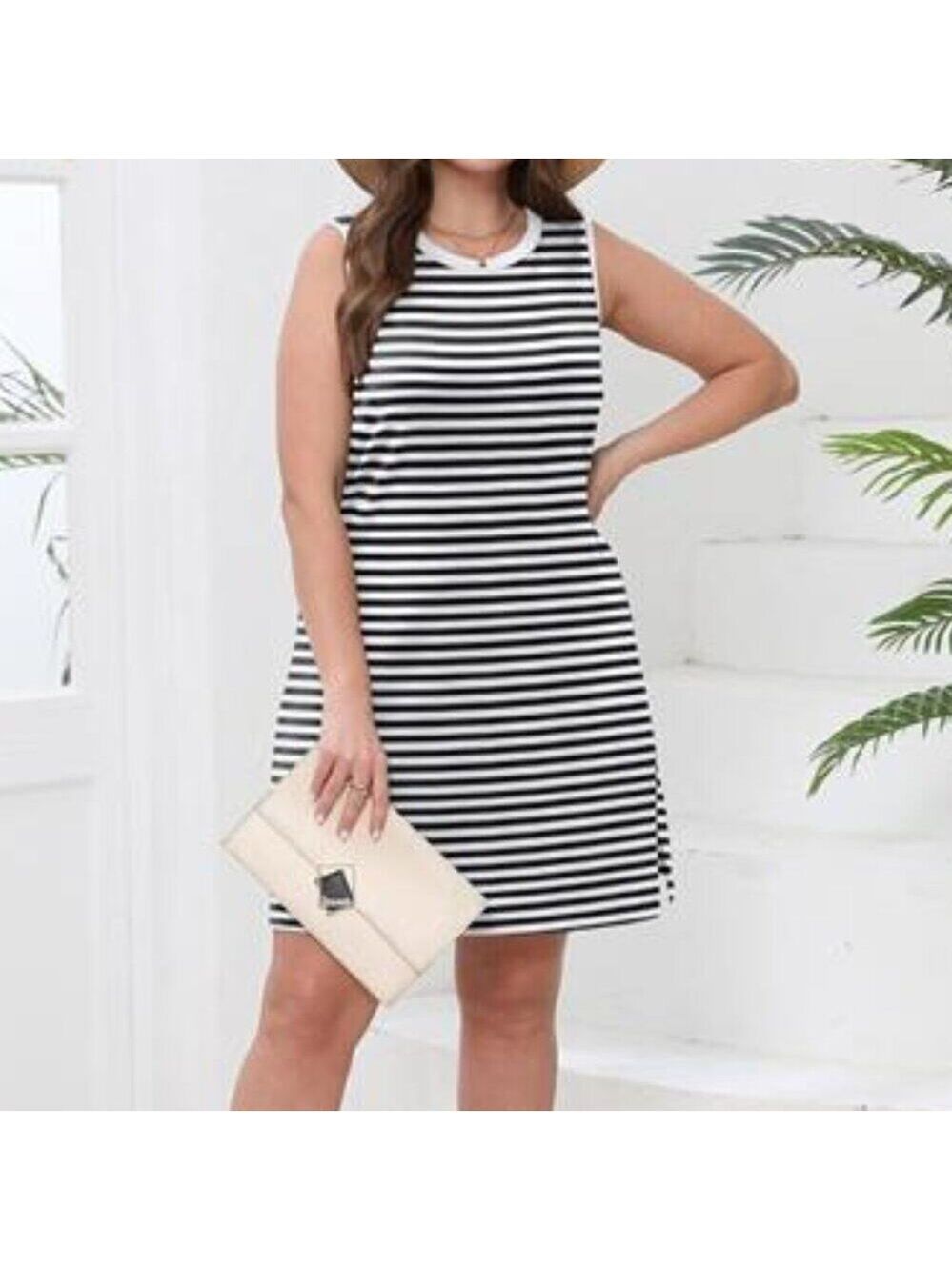 Black & White Striped Tank Dress – Sleeveless Crewneck Casual Summer Dress